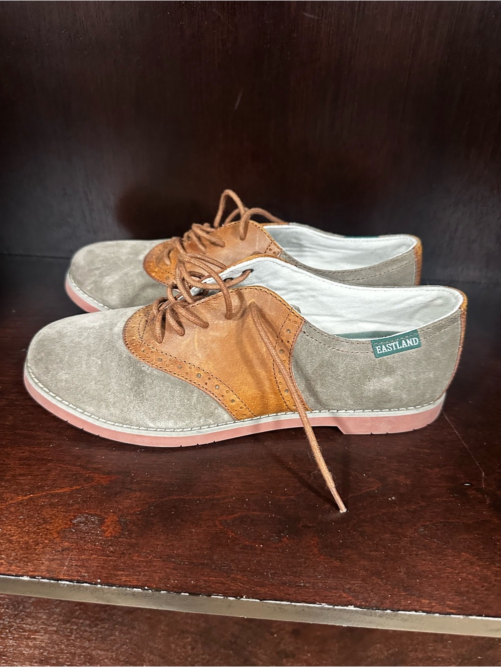 Eastland Two-Tone Suede & Leather Derby in Taupe and Chestnut